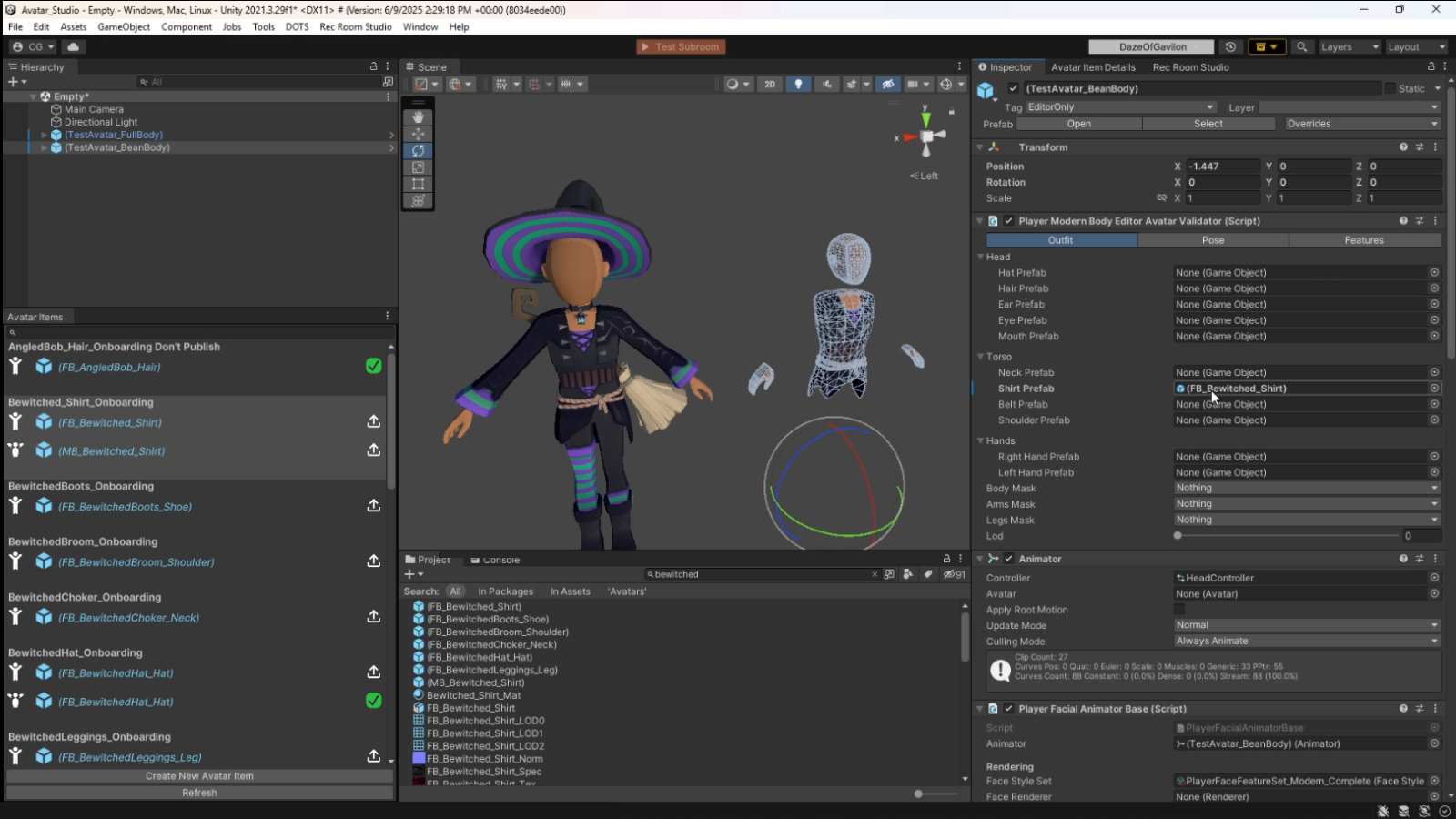 Avatar Studio toolchain in Unity with an avatar outfit being validated for publish