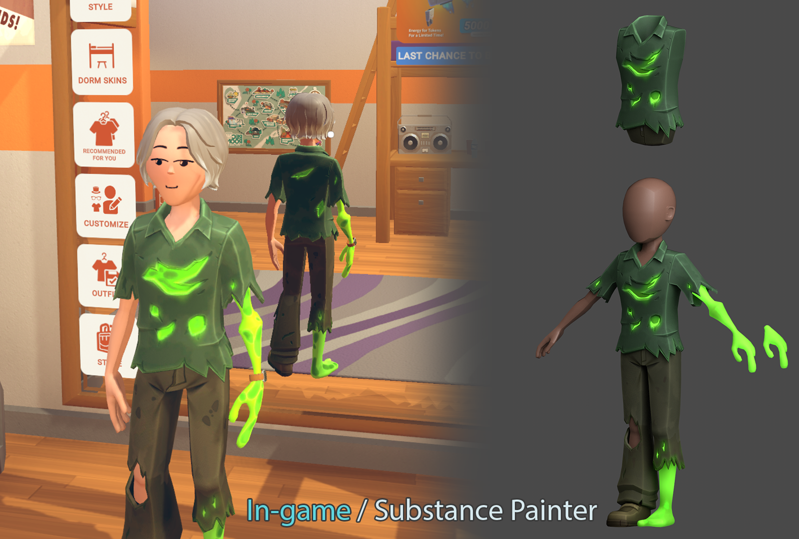 Zombie outfit shown in game alongside the Substance Painter asset